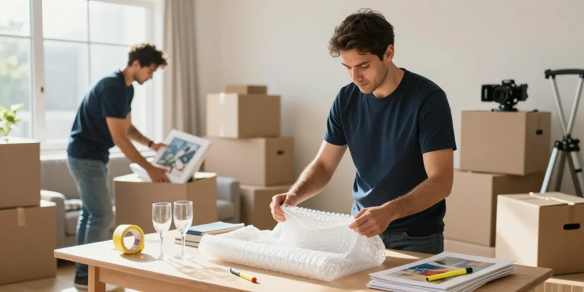 Packing movers expertly wrap fragile items in a bright, organized living room, showcasing professional moving services.
