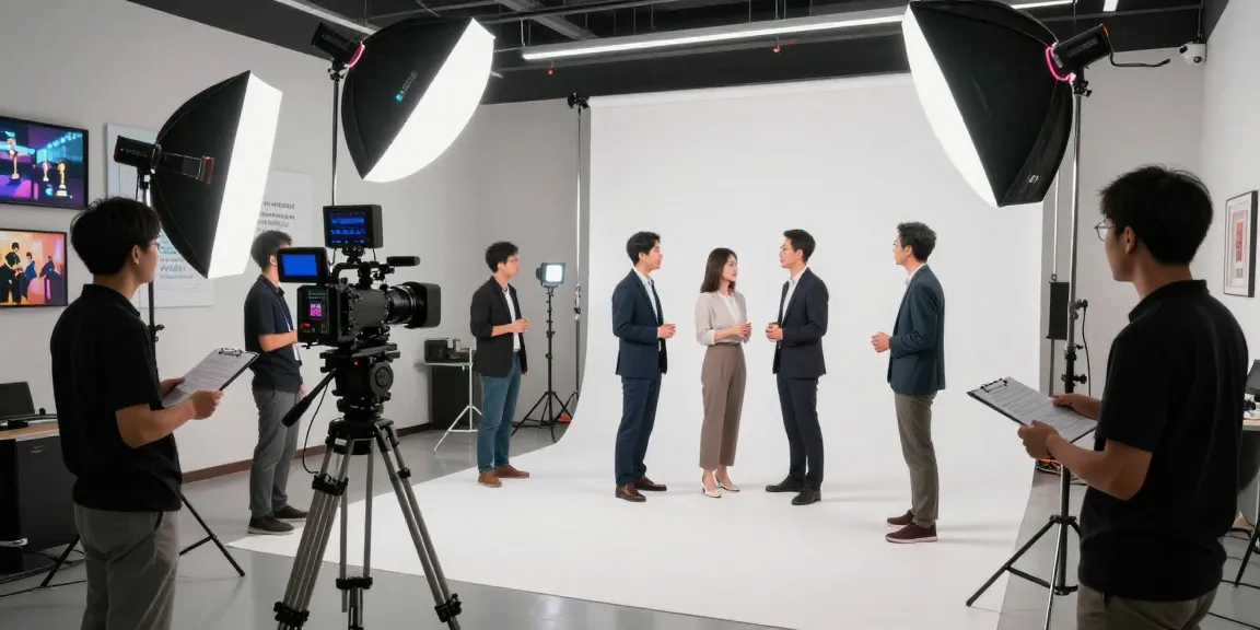 Corporate Video Production scene featuring a diverse team collaboratively filming in a well-lit studio environment with professional equipment.