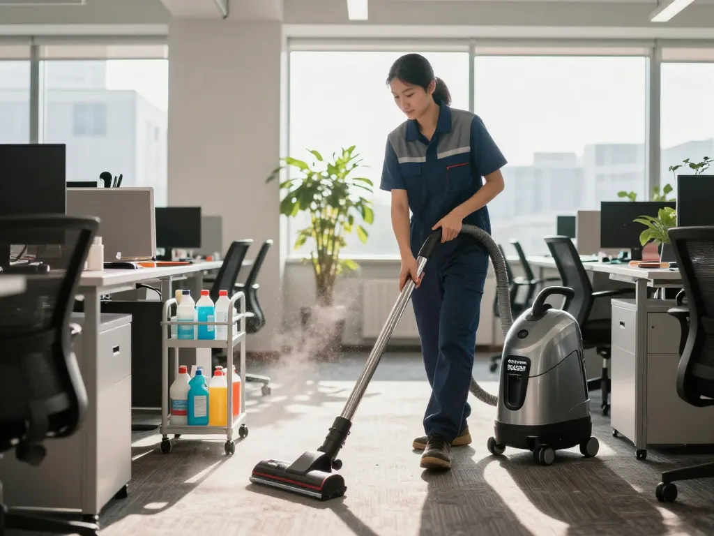 Cleaner using Sanitaire SC881 vacuum at https://sc881.com/ in modern office, showcasing professional cleaning.