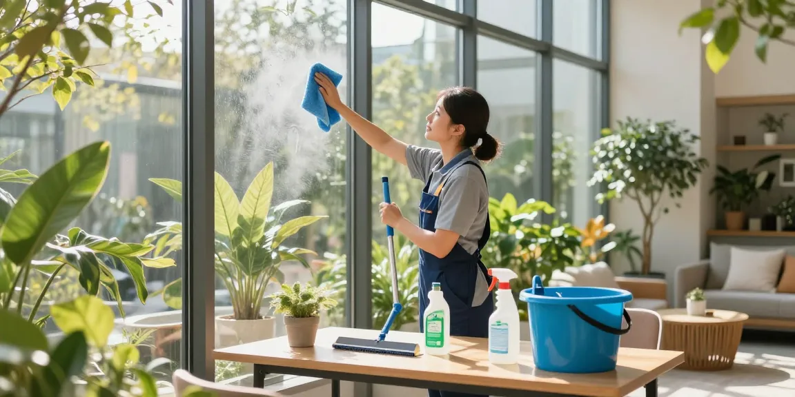 Wintergartenreinigung Firma Dortmund bei der professionellen Reinigung von Glasflächen und Pflanzenpflege in einem hellen Wintergarten.