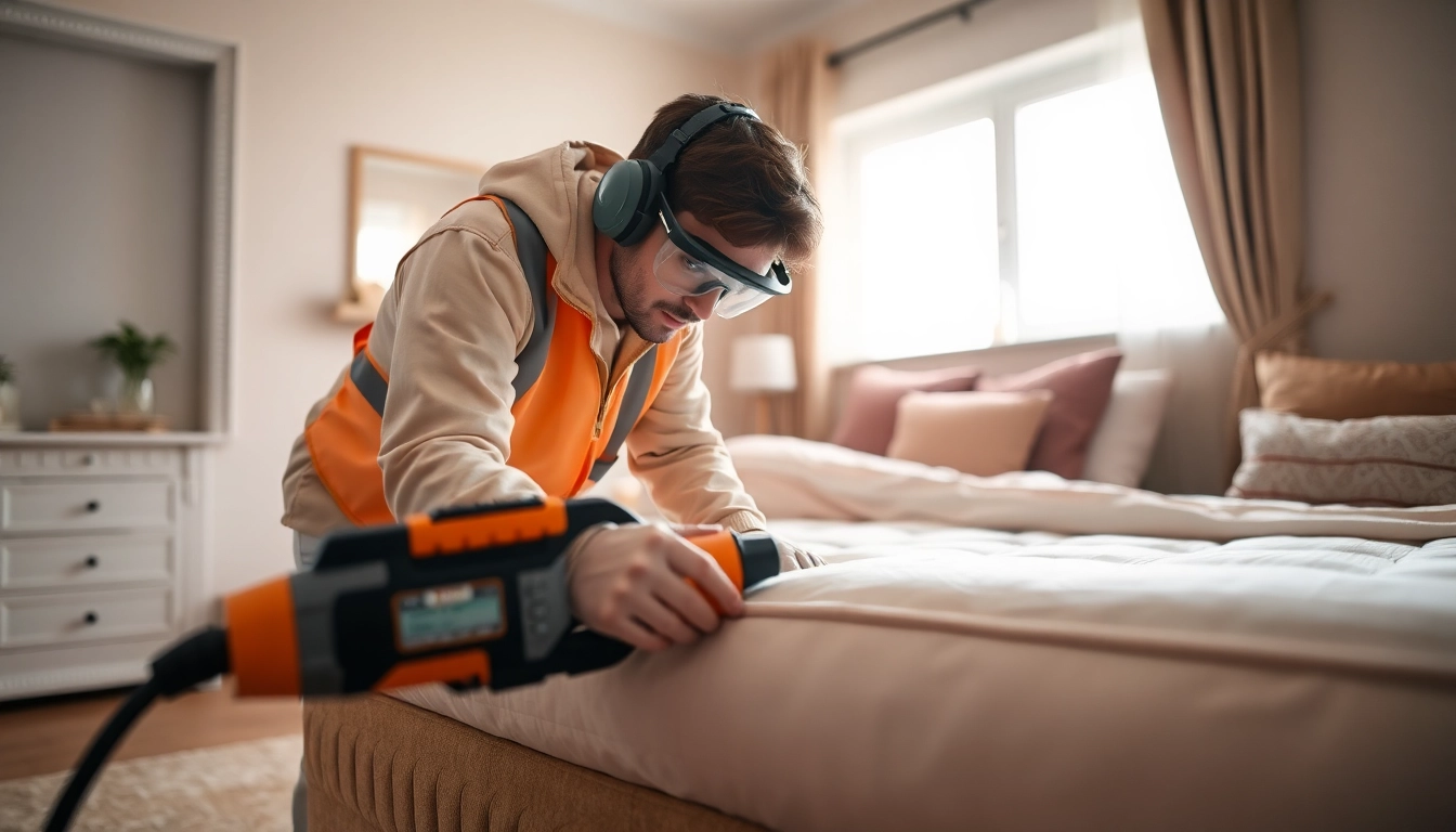 Professionally applying bed bug chemical treatment in a cozy bedroom environment.