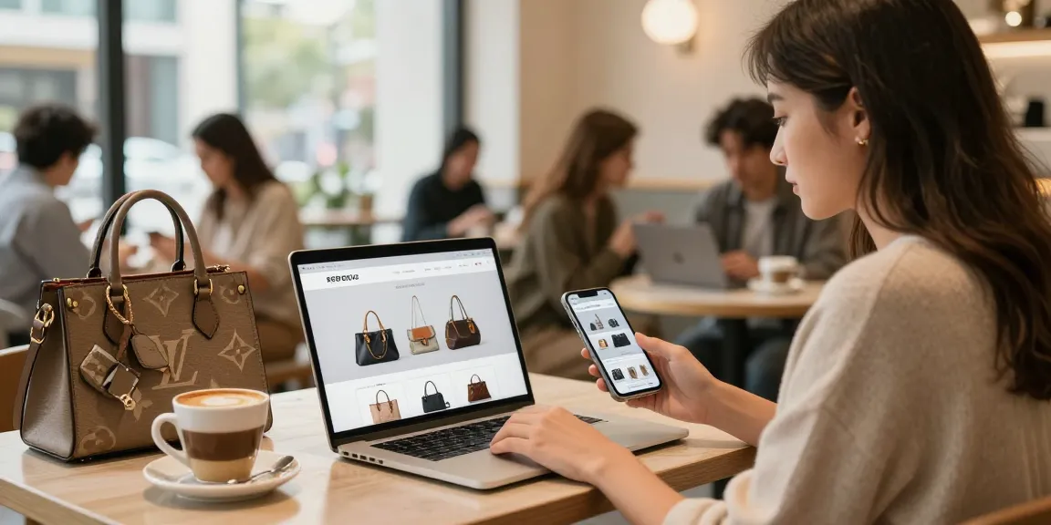 A stylish shopper exploring a 레플리카 사이트 on a laptop in a vibrant café.