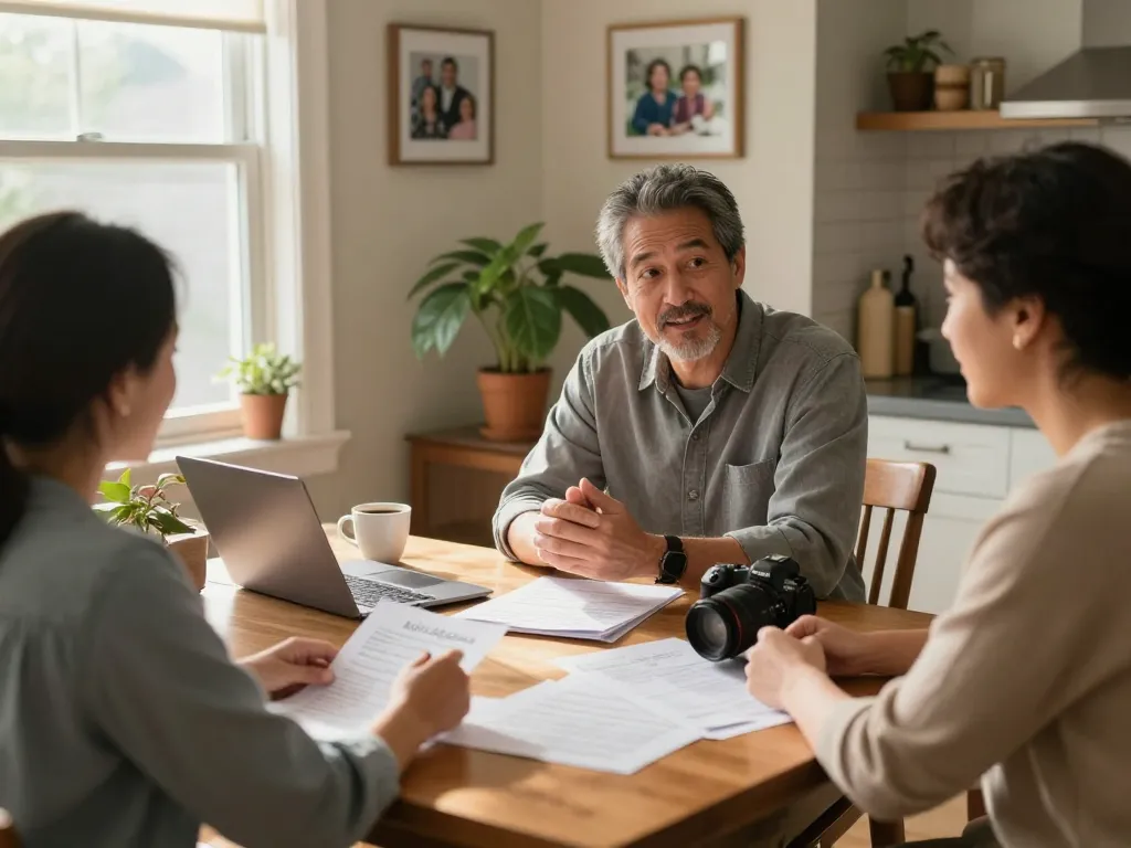 Cash home buyers consulting a homeowner in a cozy kitchen setting, fostering trust and collaboration.