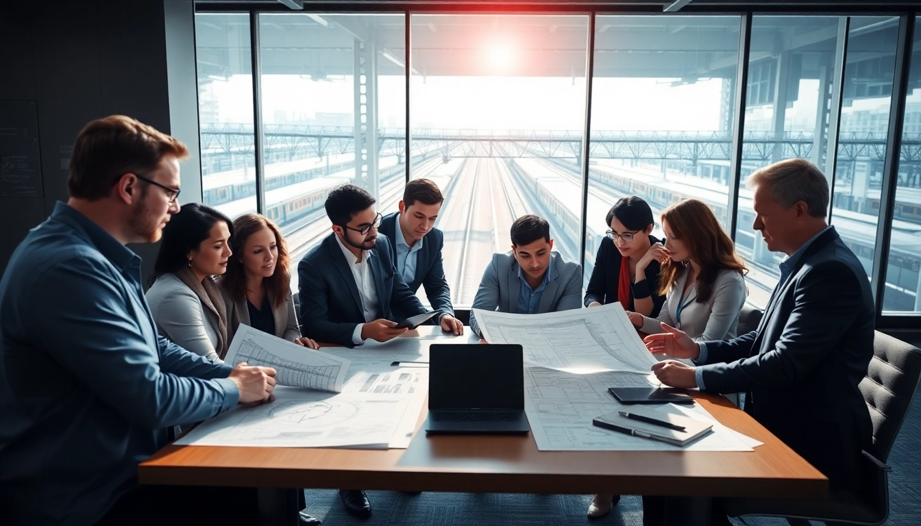 Railroad Design Consultants working collaboratively on innovative project plans in modern office.