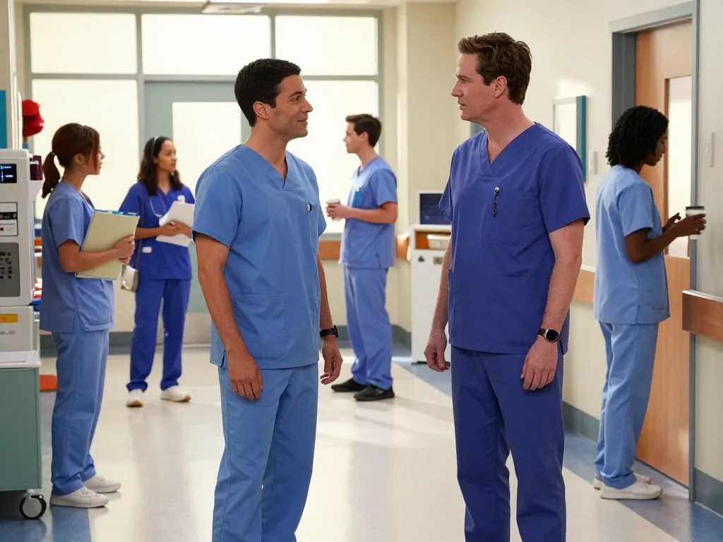 Scrubs Is Back: JD and Turk sharing a humorous moment in their scrubs, surrounded by bustling hospital activity, evoking nostalgia.