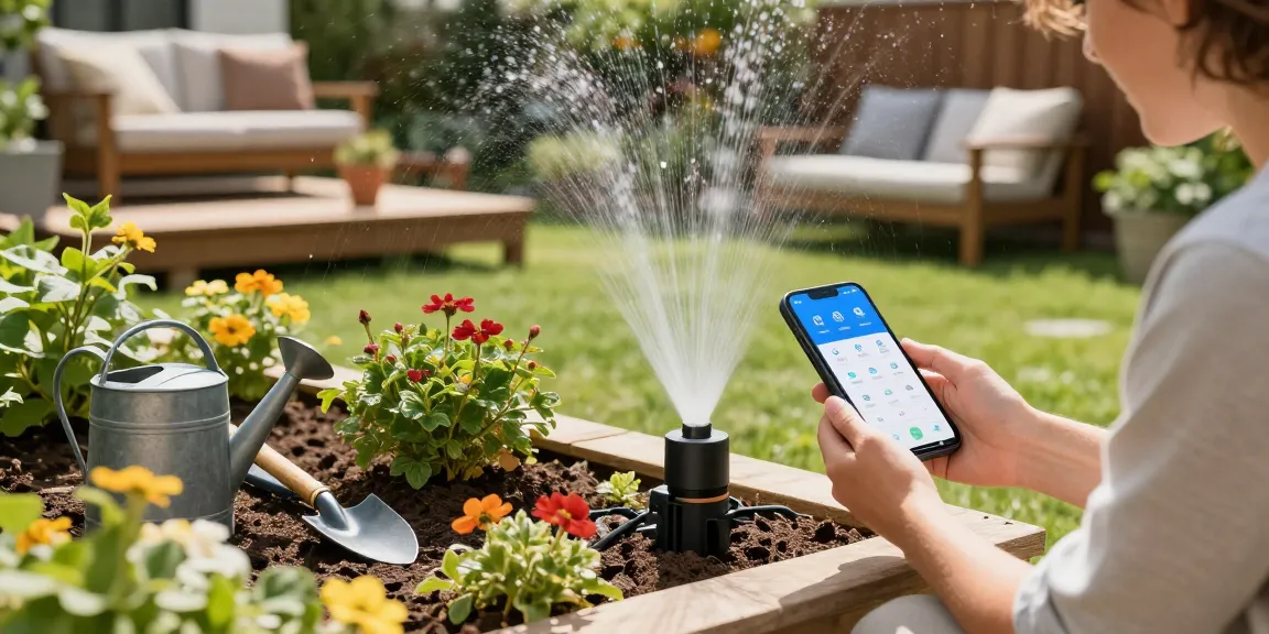 Smart sprinkler in action, optimizing watering for vibrant garden blooms and healthy plants