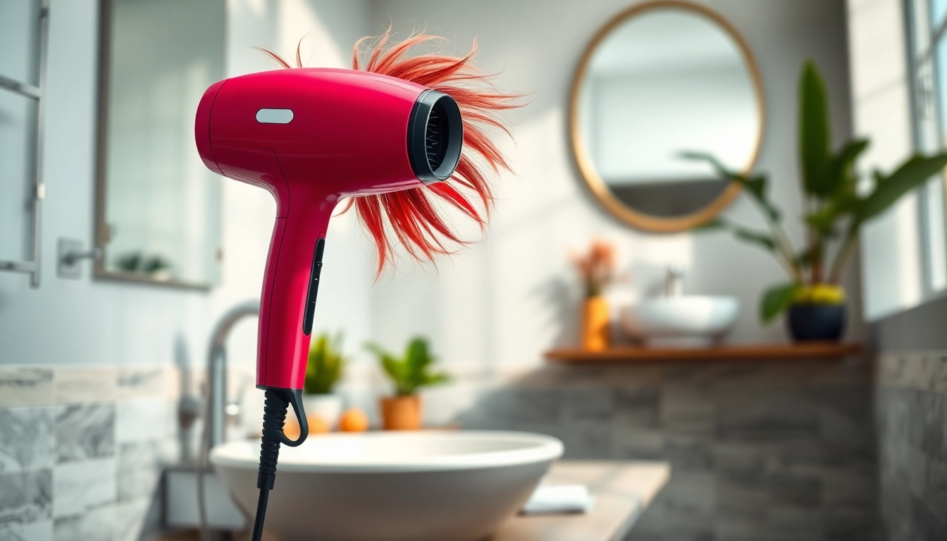 Frizzy hair dryer showcased on a stylish vanity in a bright bathroom setting.