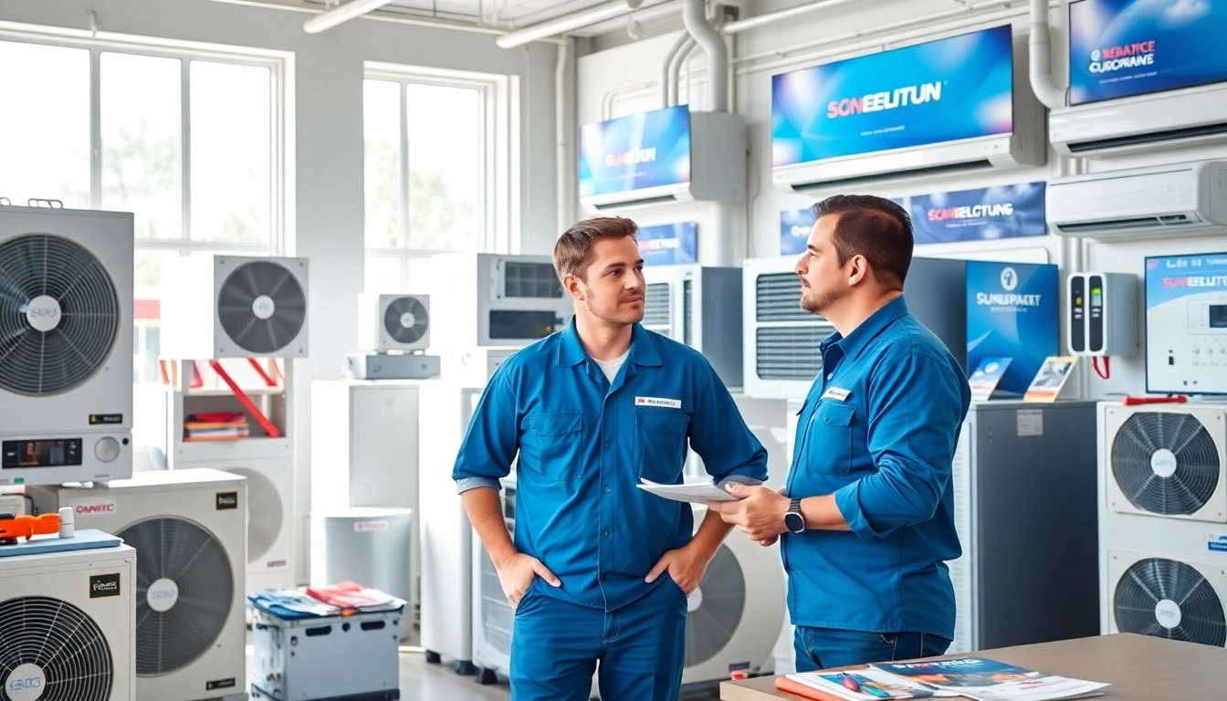 Engaging discussion among HVAC dealers in a modern showroom with various systems displayed.