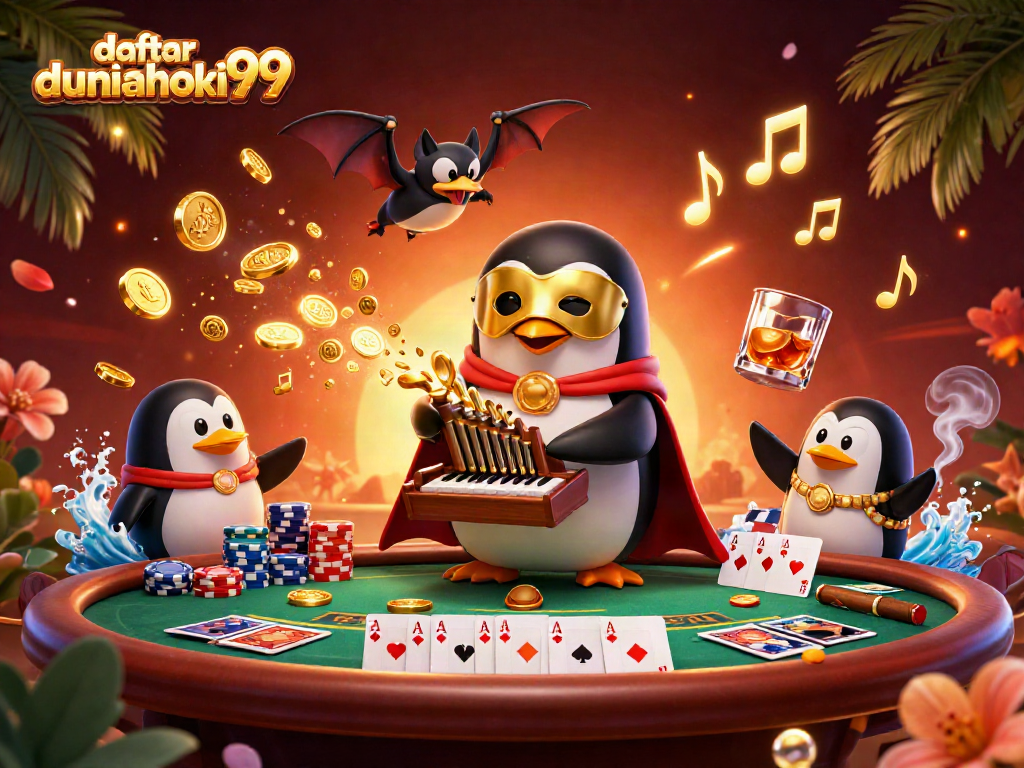 Gambarlah daftar duniahoki99 dengan karakter penguin opera misterius dan elemen kasino menyenangkan.