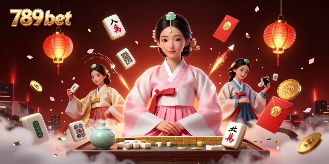 Engage with excitement at 789 bet, featuring an elegant scene with mahjong tiles, golden lanterns, and festive elements.
