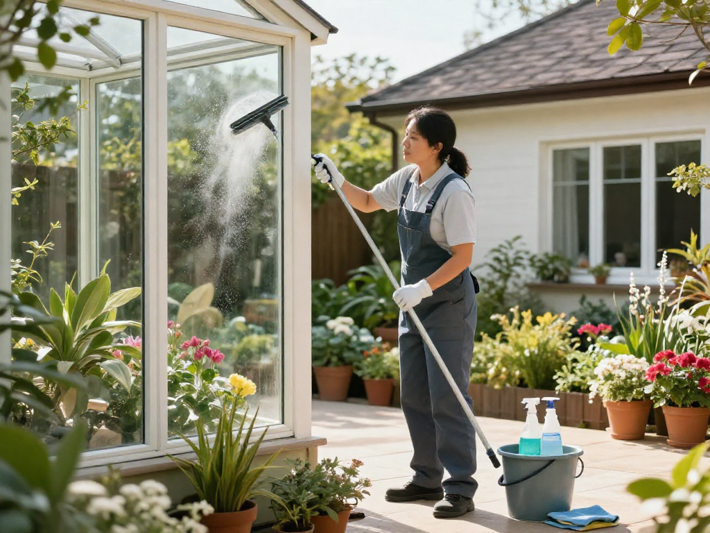 Professionelle Wintergartenreinigung Firma Dortmund – Fensterreinigung mit umweltfreundlichen Produkten in sonnigem Wintergarten.
