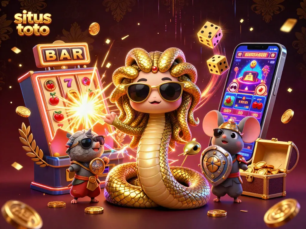 Situs toto jackpot explosion with a friendly Medusa and a stone warrior in dynamic 3D illustration.