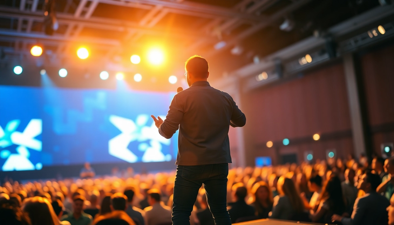 Empowering motivational speaker captivating an engaged audience with enthusiasm.