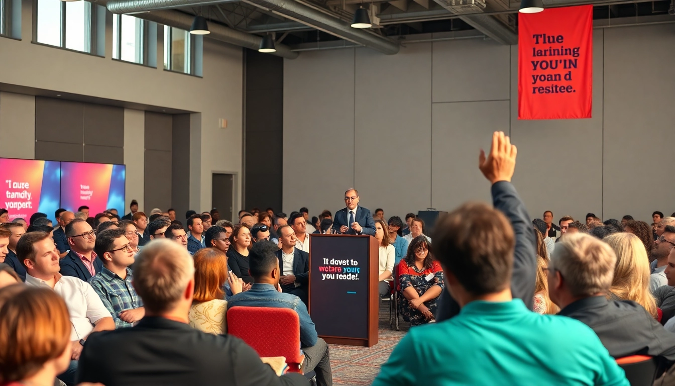 Dynamic motivational speaker inspiring an engaged audience at a conference.