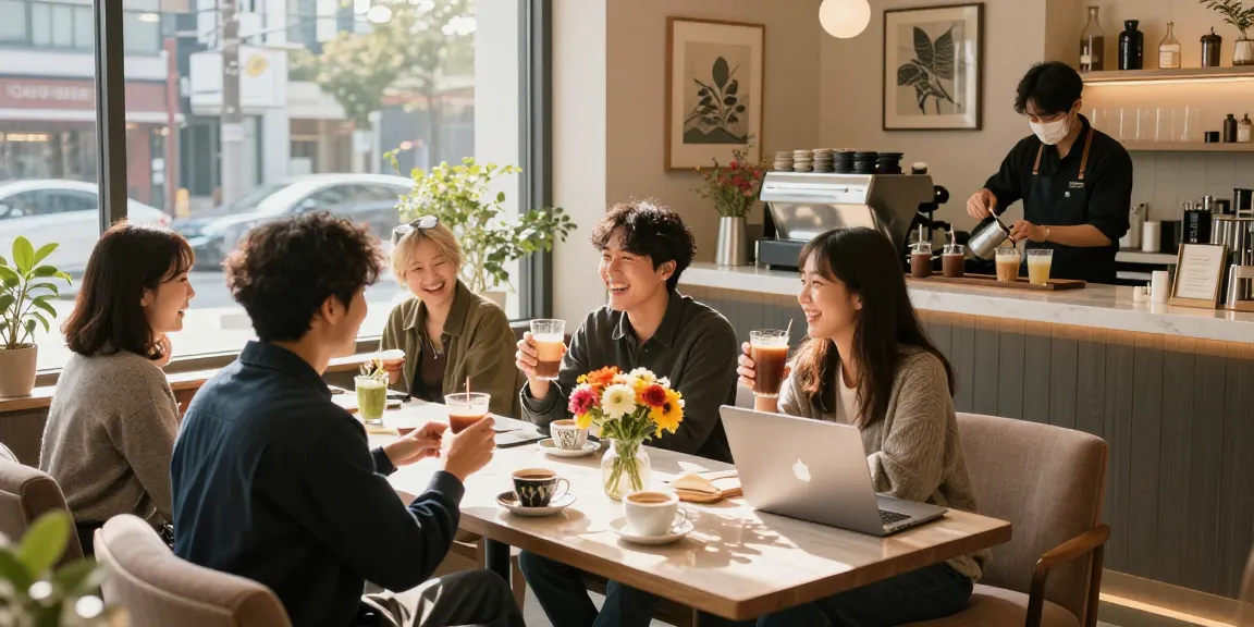 강남쩜오에서 친구들과 편안한 시간을 보내는 모습, 아늑한 카페 분위기와 아름다운 인테리어