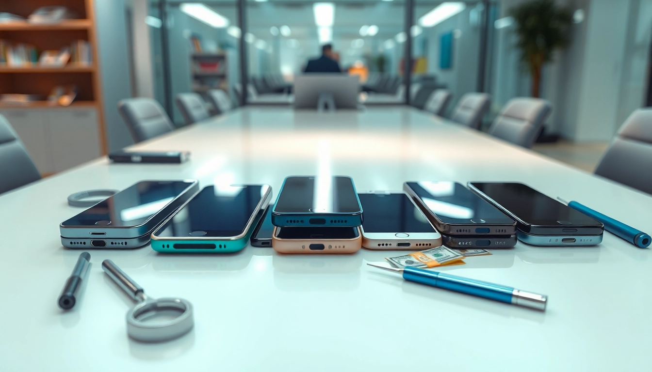 Sell old phone for cash with various smartphones and cash notes in a professional setting.