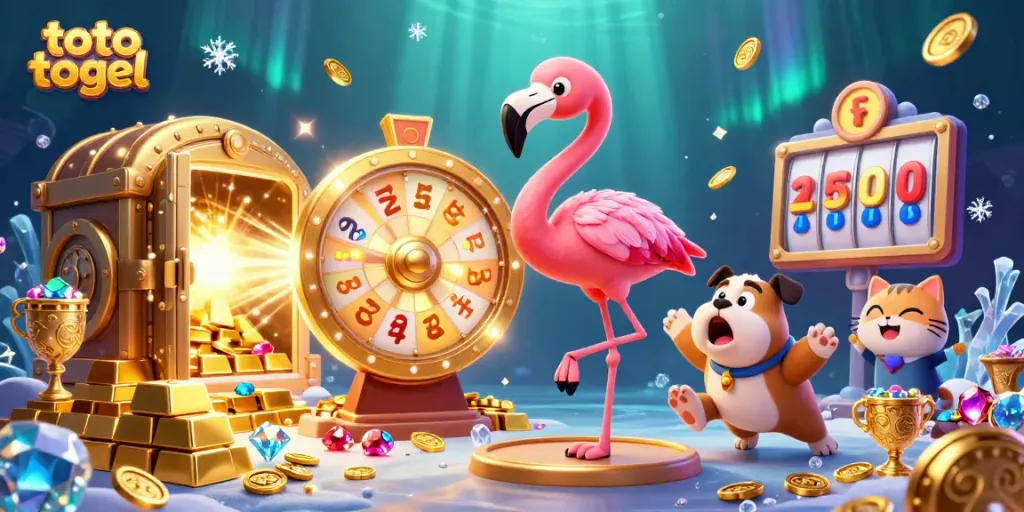 Visualisasi menarik toto togel di kasino dengan karakter flamboyan dan elemen perjudian yang menghibur.
