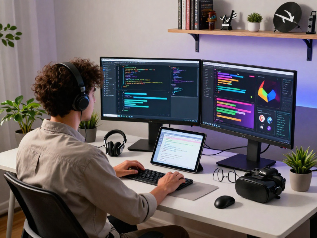 Engaging tech workspace showcasing a programmer interacting with an nsfw chat bot interface on multiple monitors in a modern office setting.