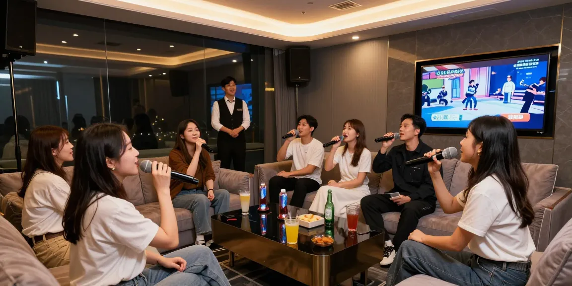 강남가라오케에서 즐거운 시간을 보내는 손님들이 있는 프라이빗 카라오케 룸