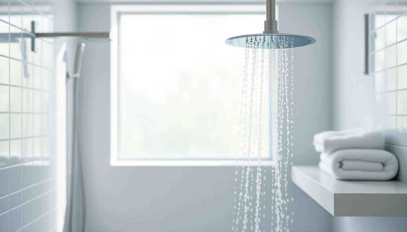 Experience elegant showers with a modern rain shower head set in a calming bathroom environment.