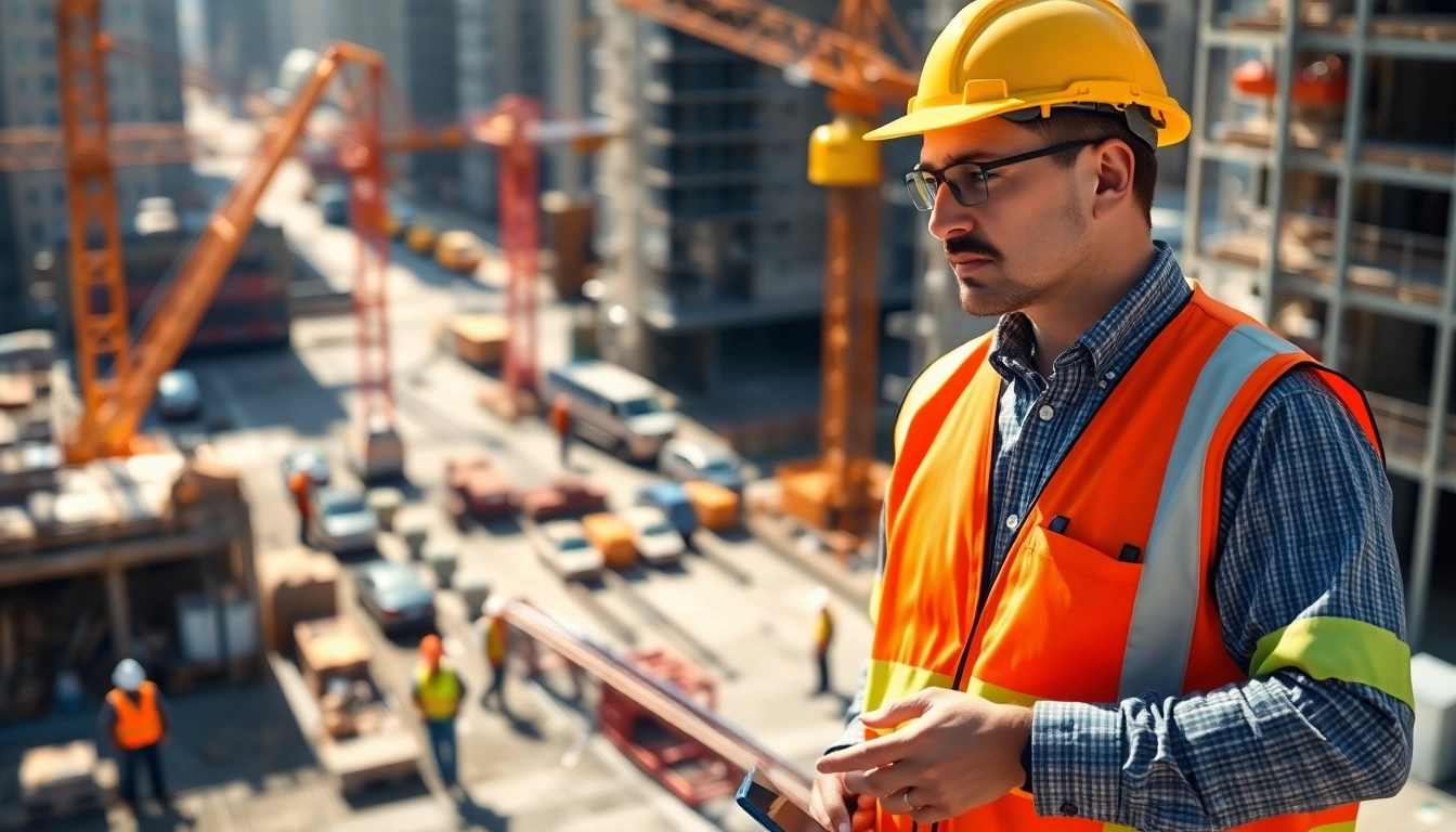 Manhattan Construction Manager overseeing a busy construction site with a tablet.