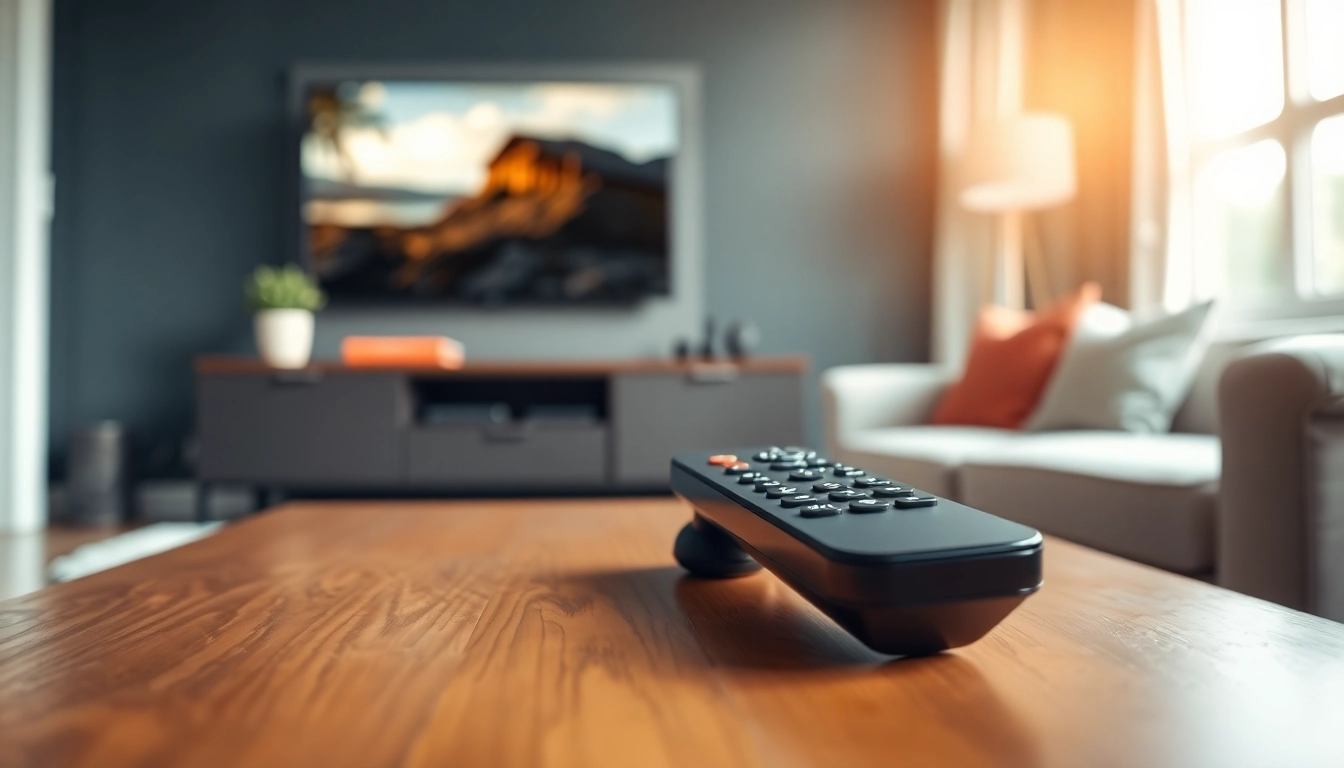 Die Samsung Fernbedienung RU71 auf einem stilvollen Couchtisch, umgeben von einem modernen Wohnambiente.