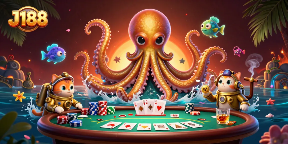 Engage in thrilling gameplay at J188, featuring a dynamic kraken and poker scene.