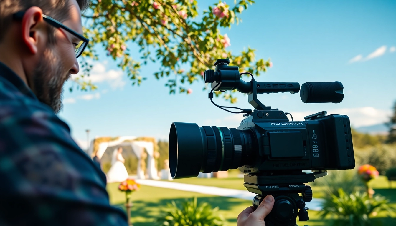 Edmonton videographer filming a wedding amidst colorful flowers and greenery.
