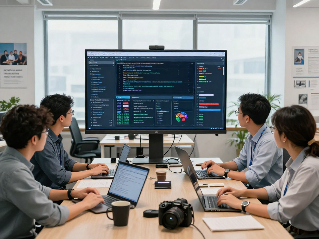 AI detector team analyzing content moderation metrics in a bright office.