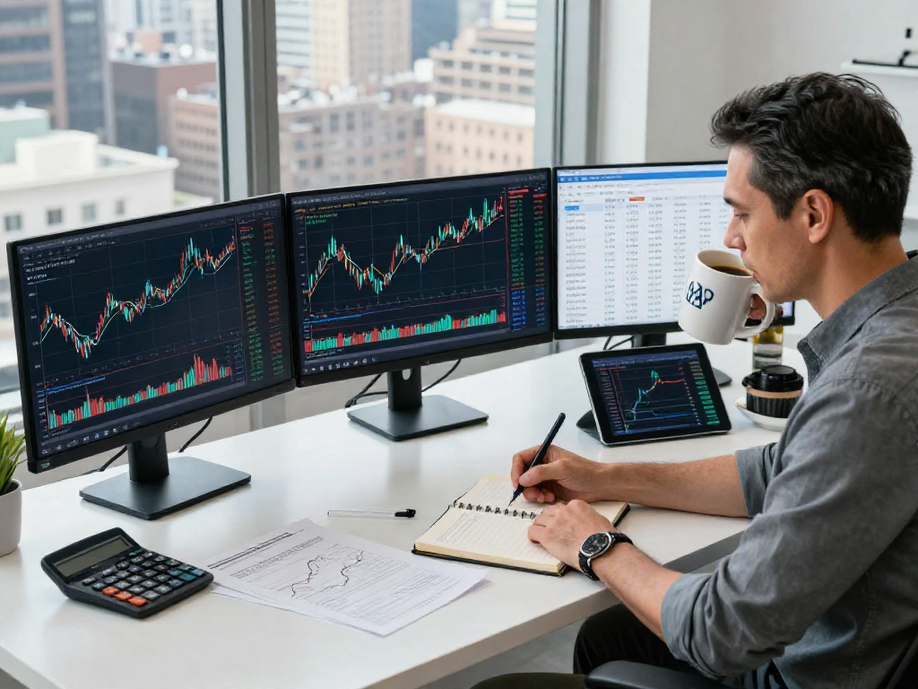 Data analyst working with NYSE historical Kline API insights on stock charts in a modern office.