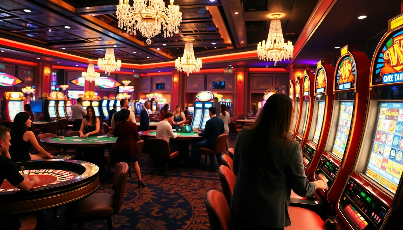 Experience the thrill of casino gaming at Trang chủ xin88 with vibrant tables, slots, and players enjoying their bets.