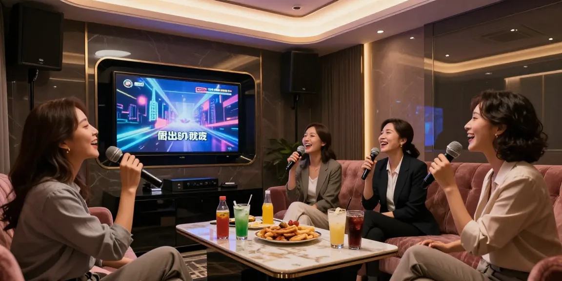 강남쩜오의 프리미엄 가라오케 룸에서 즐거운 고객의 모습과 세련된 인테리어를 담은 이미지