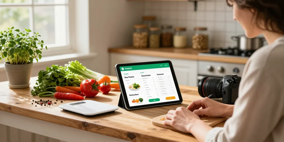 Person using the best food tracking app in a sunny kitchen while preparing healthy ingredients for a meal.