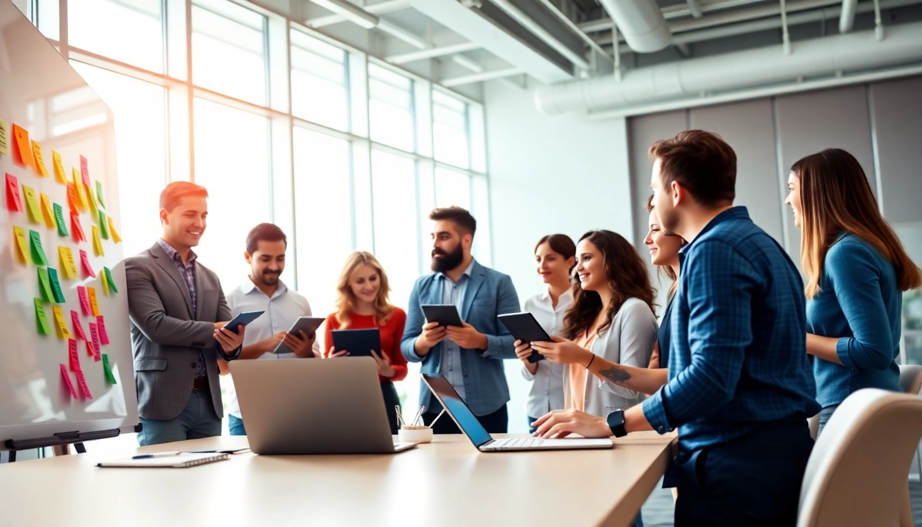Creative professionals at a social media agency collaborating in a bright, modern office.