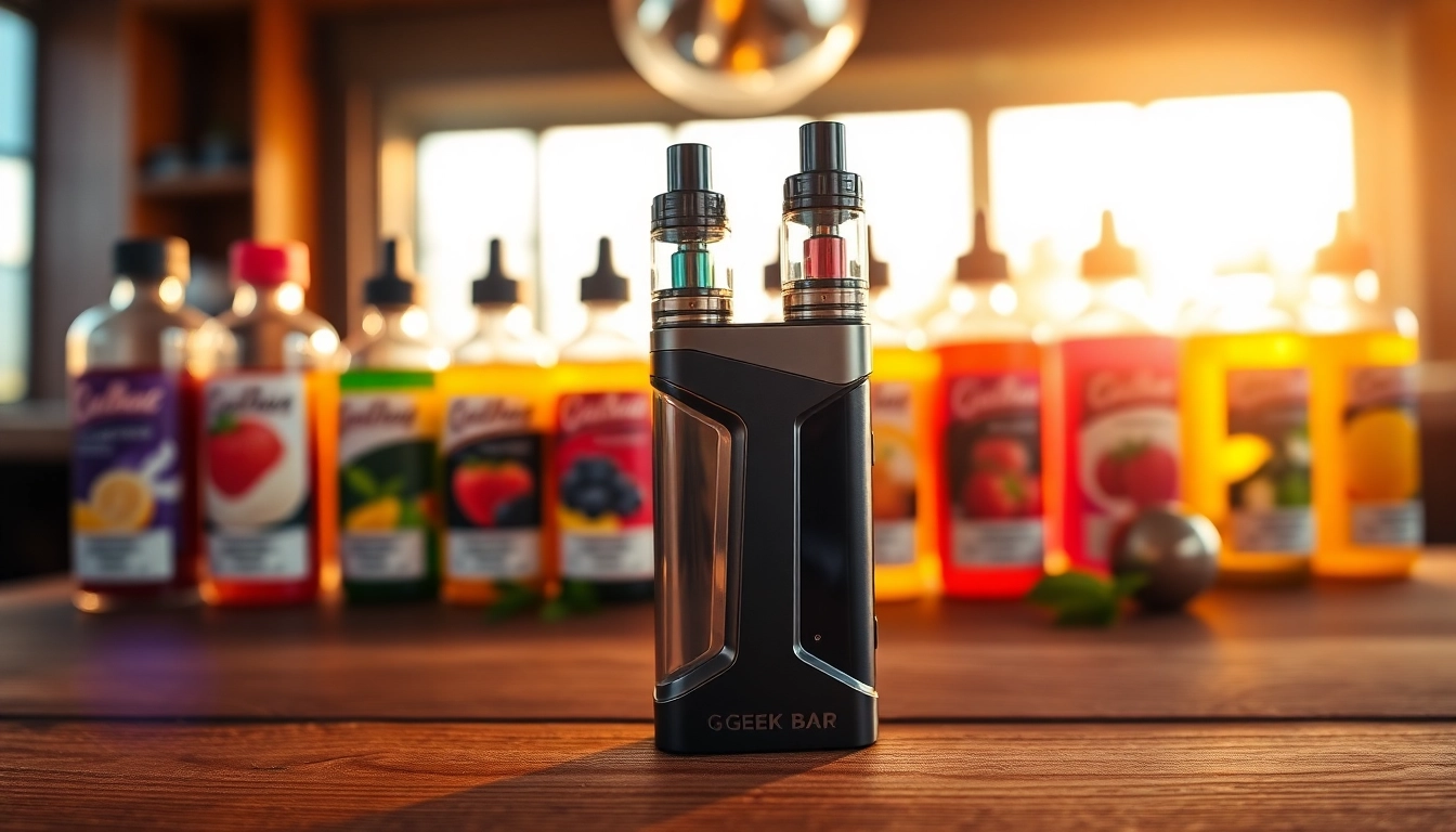 Geek Bar Pulse Review showcasing the modern vaping device among colorful e-liquid bottles