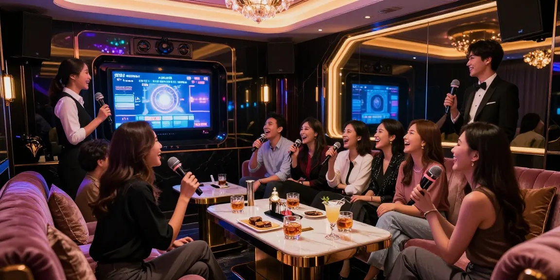 강남가라오케에서 손님들이 화려한 조명 속에서 노래를 부르며 즐기는 모습