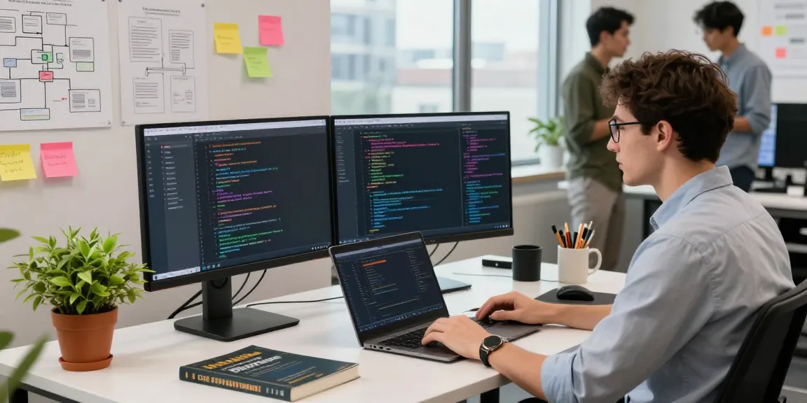 Custom Software Development Services in a modern tech workspace featuring engineers coding with vibrant UI designs.