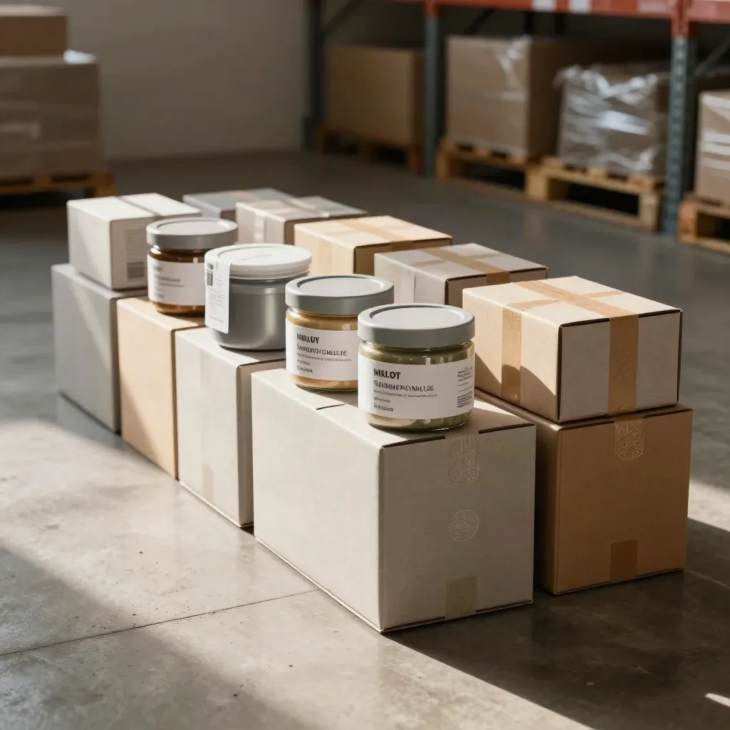 Creator outreach kits lined up for dispatch in a hazy warehouse, seen low across crates.