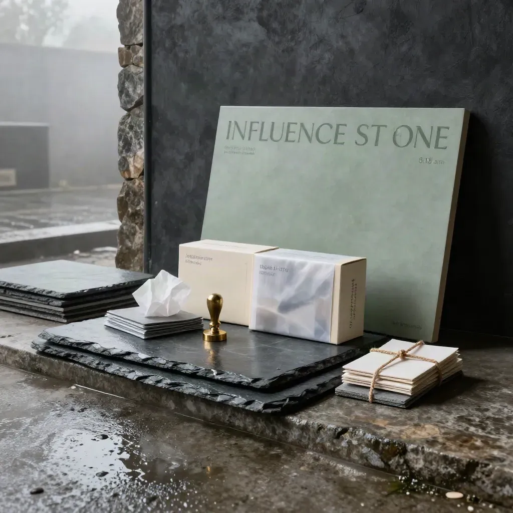 Slate campaign still-life with ivory launch boxes and brass seal stamp in misty dawn light