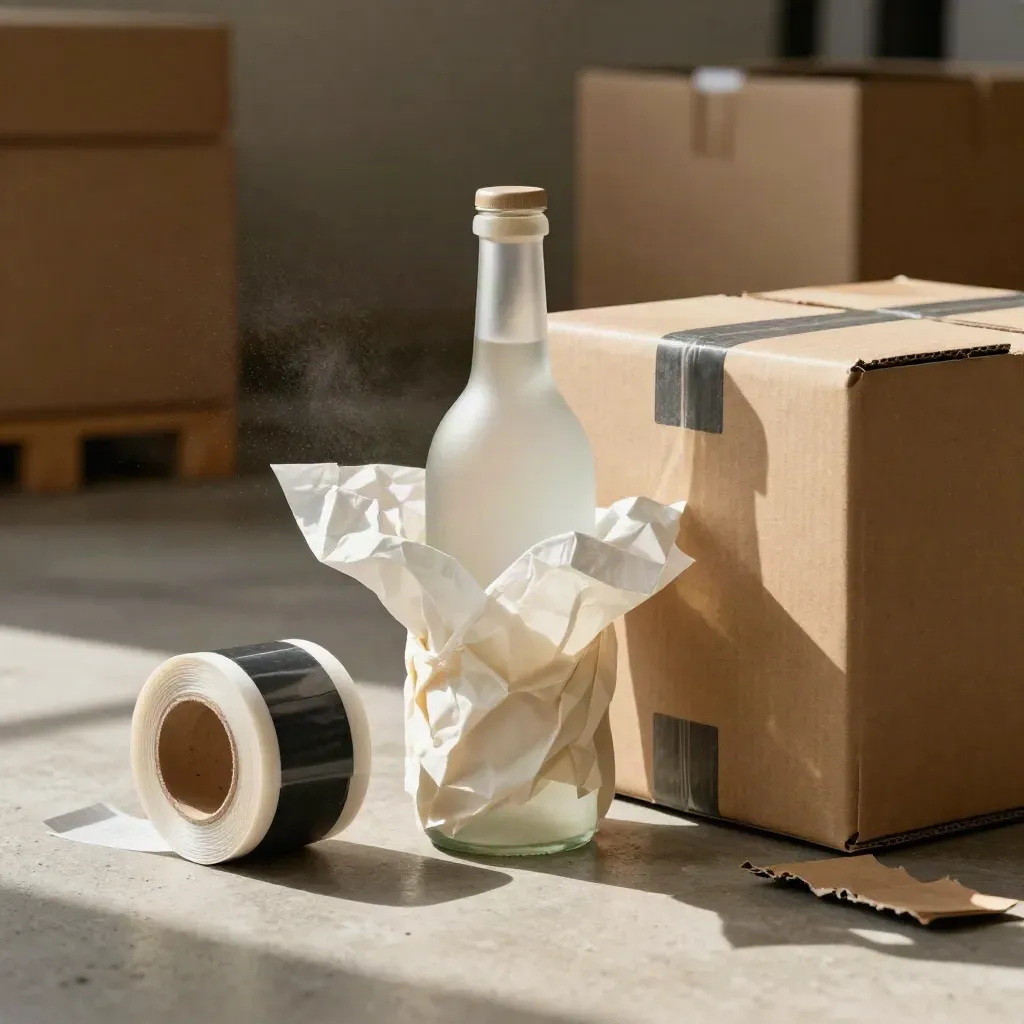 Launch kit with a hero bottle, tissue wrap, shipping carton and sealed sticker roll.