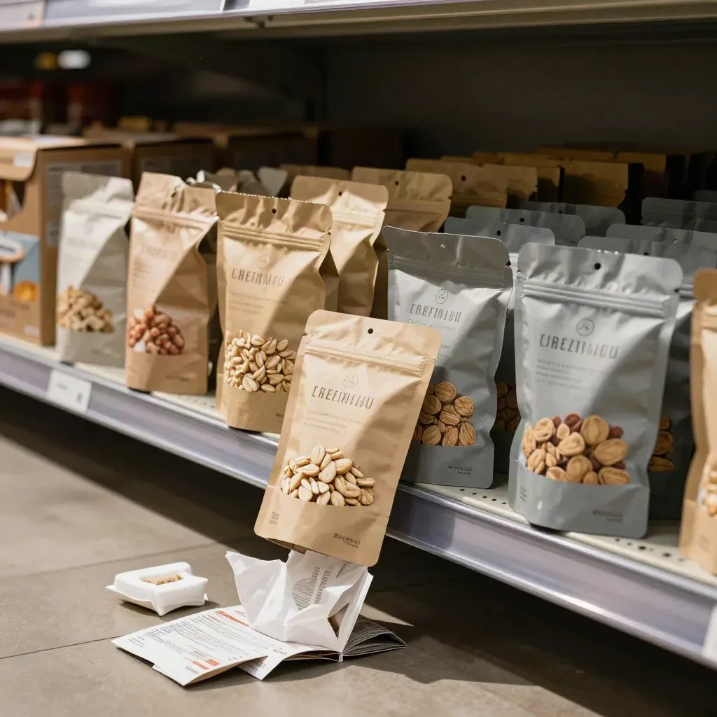 Busy snack endcap with pouches, cartons, and opened mailers in a store aisle.