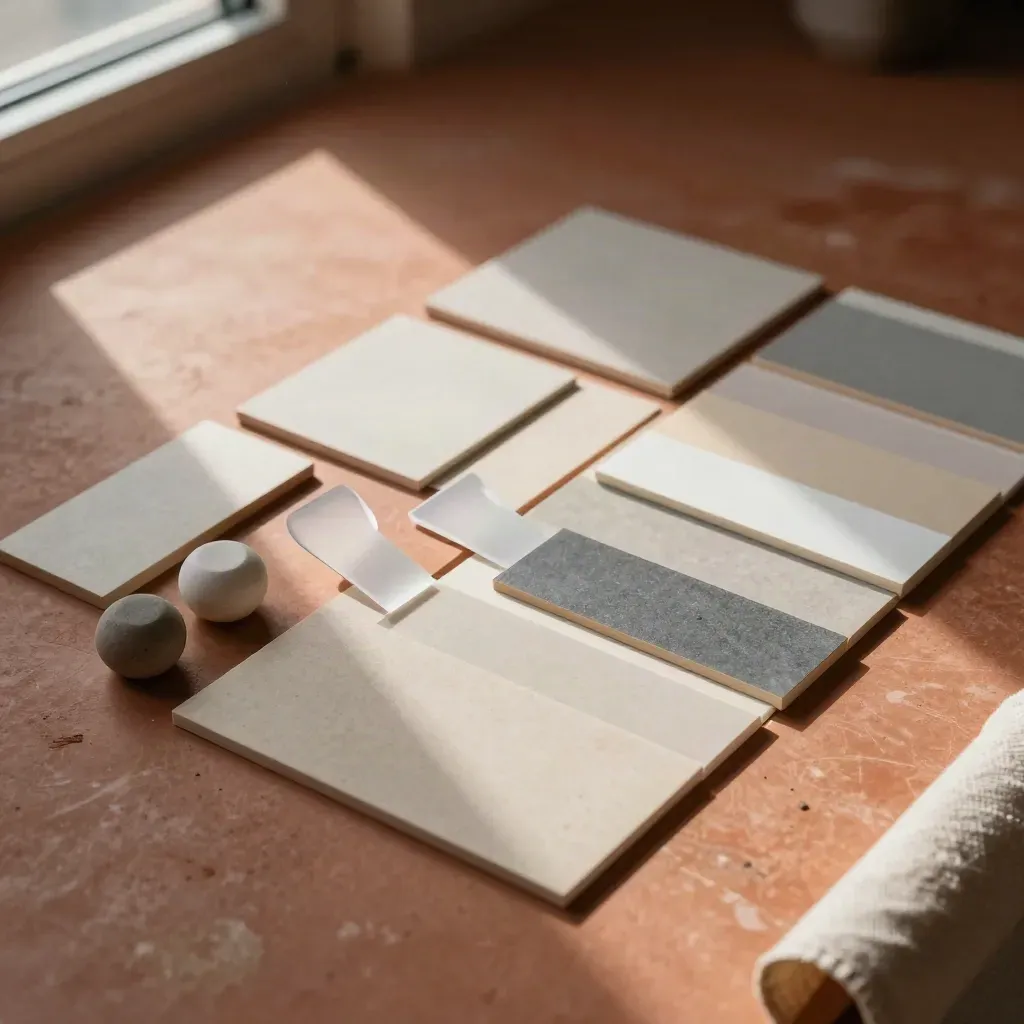 Editorial planning tiles, color chips and paperweights on a terracotta surface in soft window light.