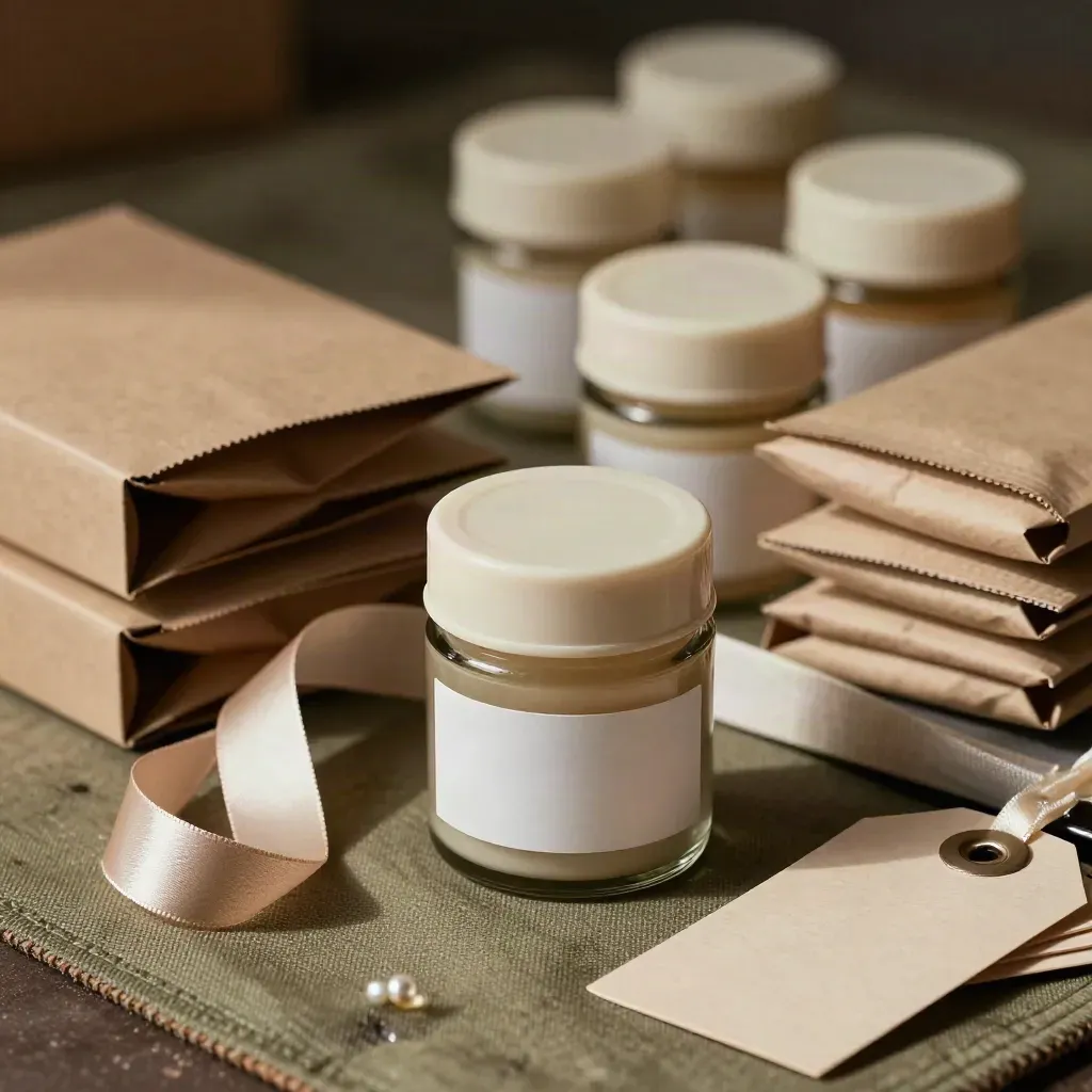 Macro of sample jars, mailers, ribbon, and tag cards on a packing mat