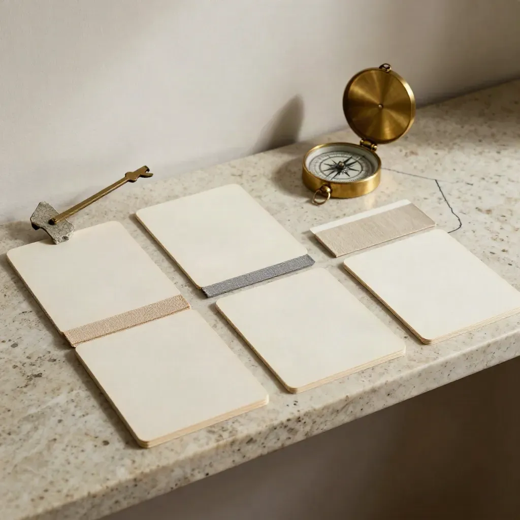 Ivory index cards, swatch strips, and a brass compass paperweight on travertine.