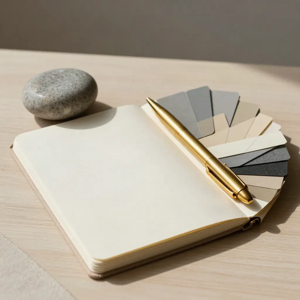 Stone paperweight, notebook, brass pen and color tabs on pale wood for a brand audit still life.