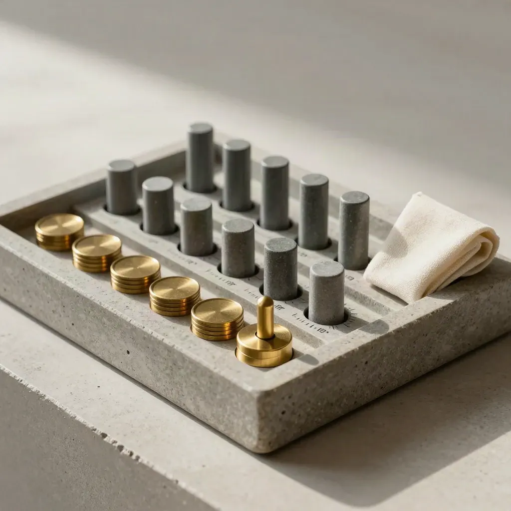 Brass tally pieces and slate markers on a stone tray with folded linen, shot from above.