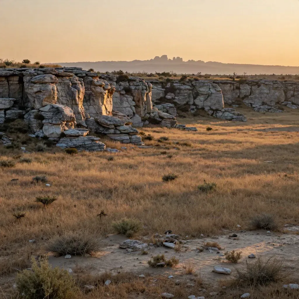 Texas limestone bluffs above a hazy open plain with a distant skyline at sunset