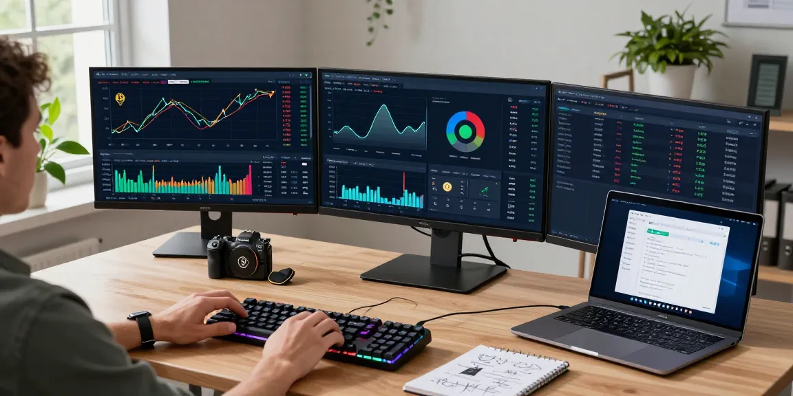 Crypto mining without equipment workspace featuring advanced analytics on monitors and secure hardware wallet integration
