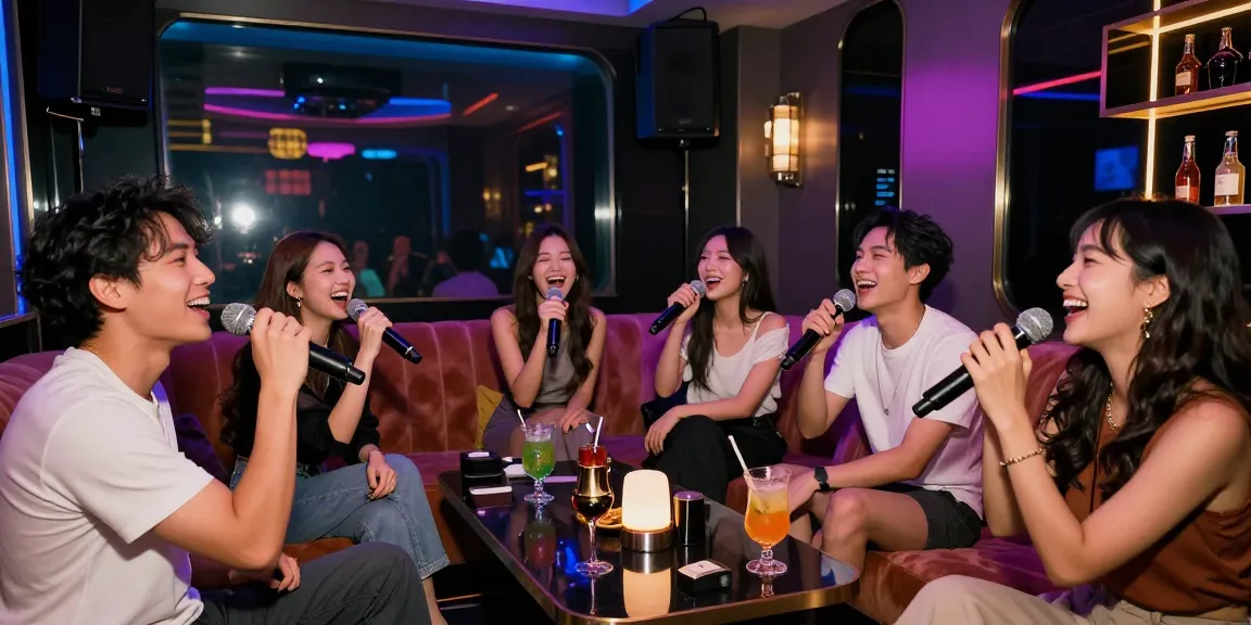 강남 가라오케에서 친구들과 즐거운 시간을 보내는 모습과 화려한 조명이 어우러진 룸의 모습