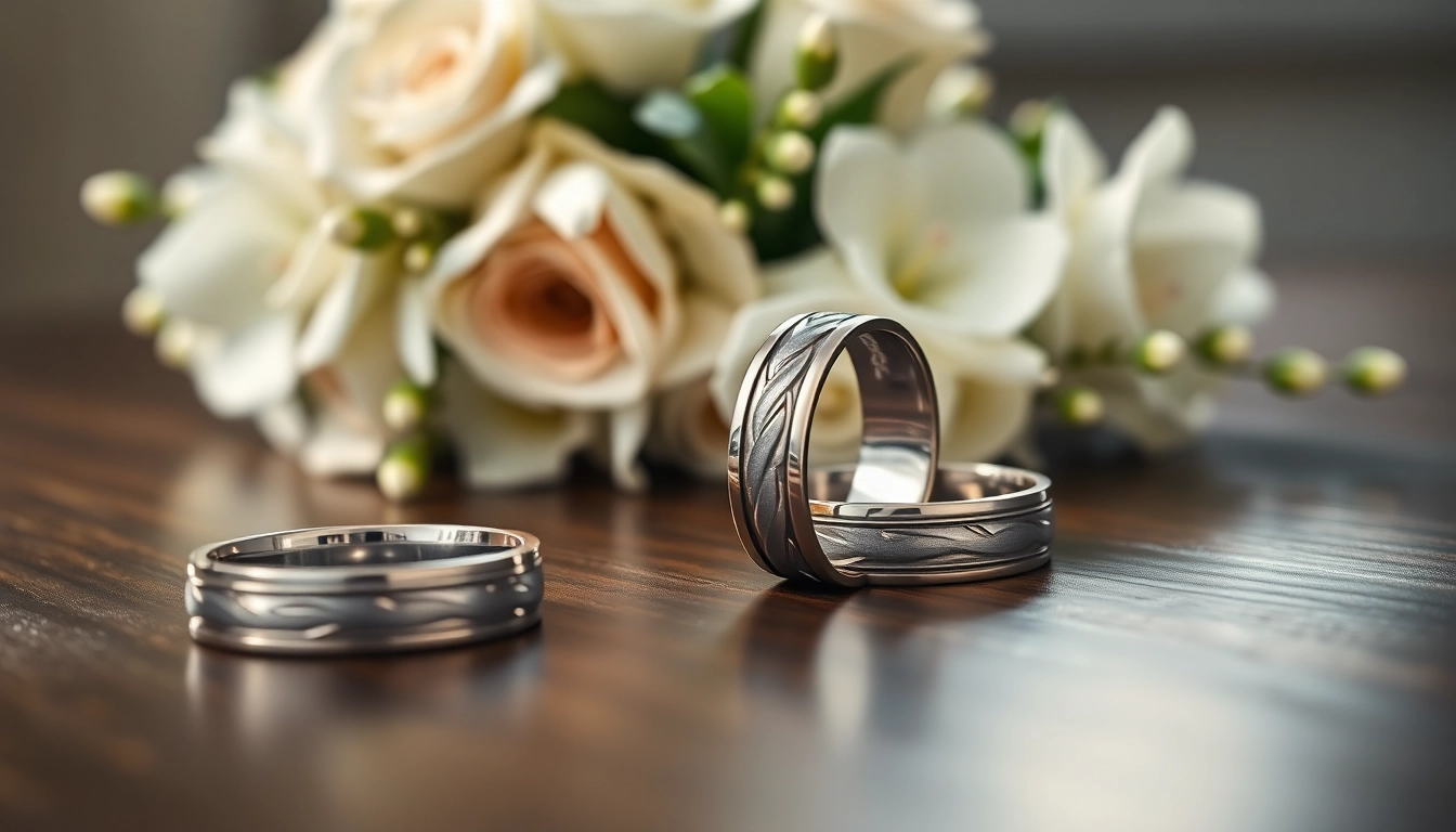 Showcasing stunning tungsten wedding bands with intricate designs on a polished surface.
